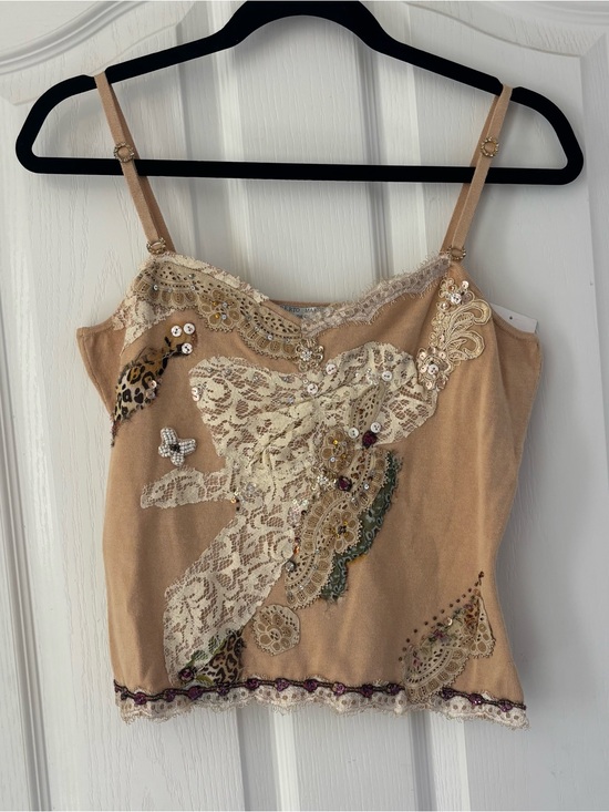 Alberto Makali Tops - Vintage Alberto Makali Beige Lace Appliqué Camisole with Beading and Sequins